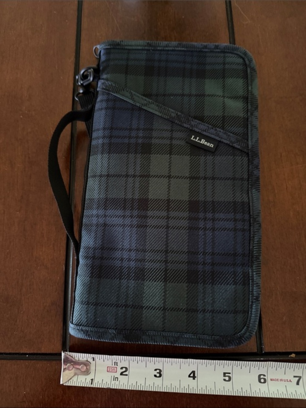 L.L. Bean Black and Dark Green Plaid Travel Wallet